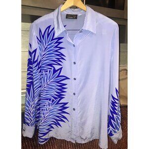 Bob Mackie Wearable Art 100% Silk Blouse Shirt Blue Abstract Leaf Design Size L